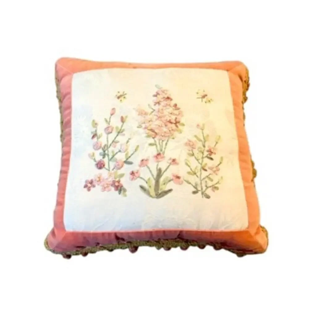 Botanical Embroidered Accent Pillow Pink Velvet Tassel Fringe